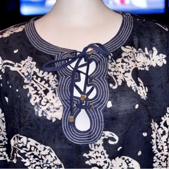MICHAEL Michael KORS Top Navy Paisley Floral Print Cutout Lace-up Tunic Size M - Picture 4 of 13